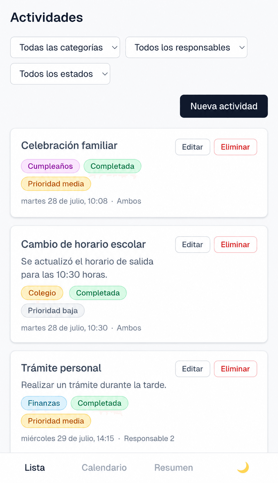 Captura del listado de actividades con responsables y prioridades en App Hogar.
