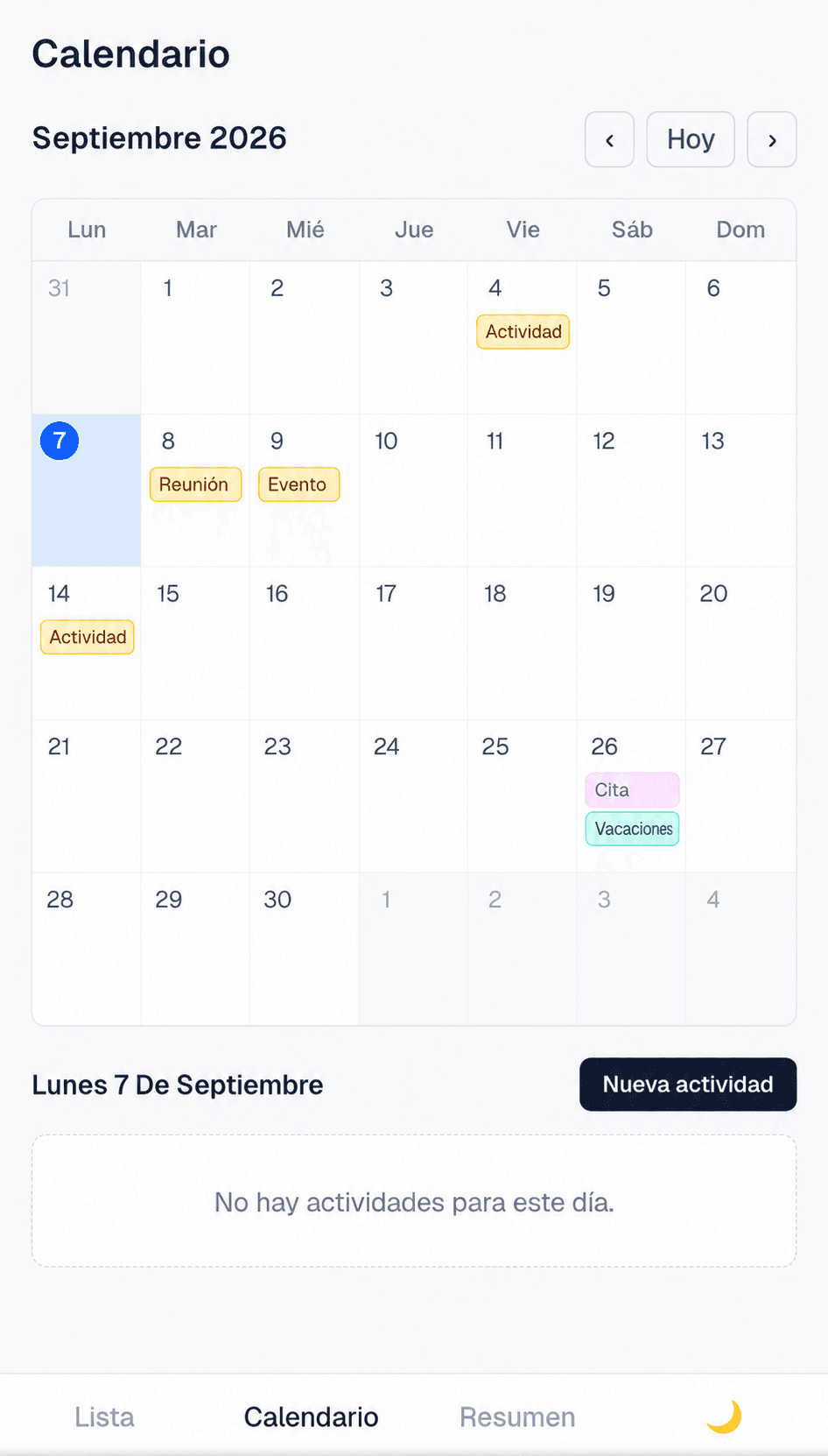 Captura del calendario de tareas y citas familiares en App Hogar.