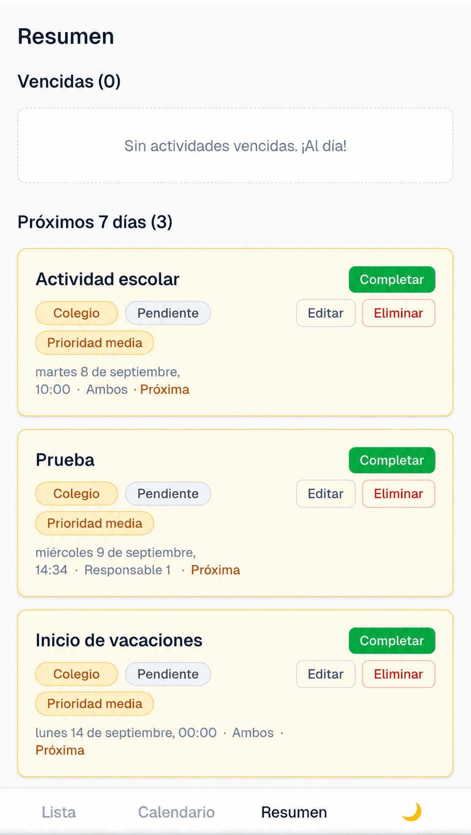 Captura del resumen semanal de actividades familiares en App Hogar.