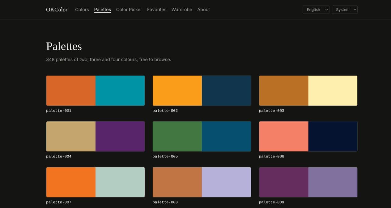 Captura de la galería de paletas de colores relacionadas en OKColor.